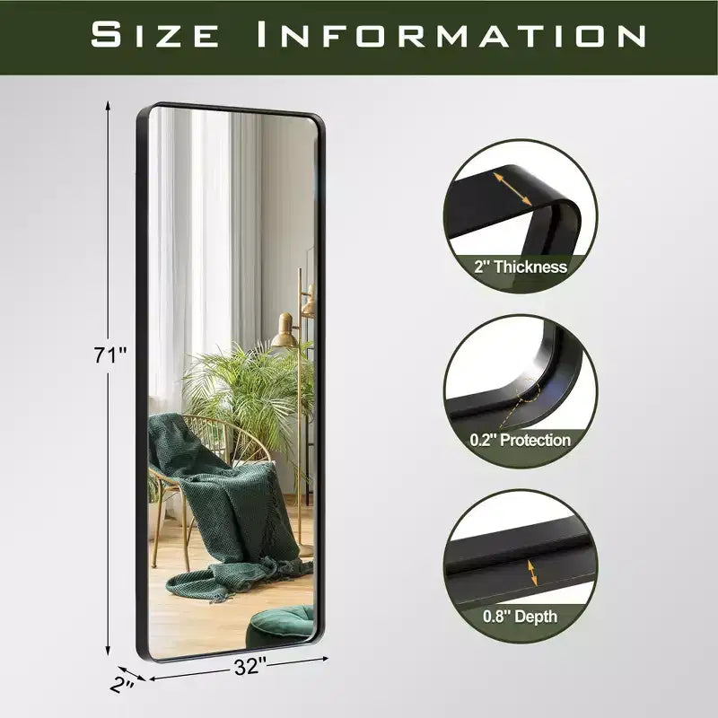 Miroir pleine longueur rectangulaire 71x31, miroir pleine longueur en alliage d'aluminium noir, miroir de courtoisie pour salle de bain, chambre, entrée, salon/dressing