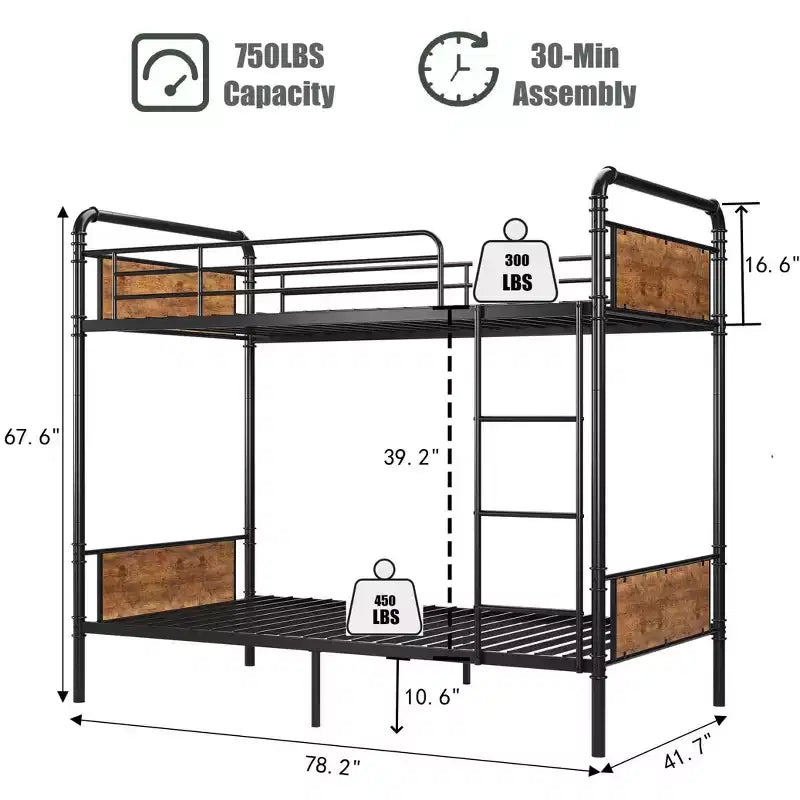 Lits superposés en métal, lits superposés en métal robustes de taille double avec garde-corps haut et échelles, lits superposés convertibles pour enfants et adultes