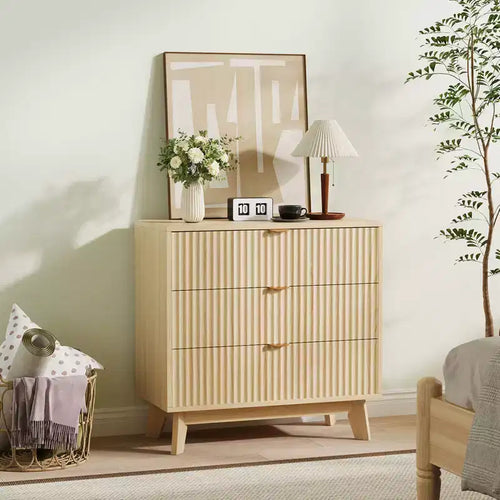 Commode 3 tiroirs cannelée - Rangement moderne en bois pour chambre, salon et dressing