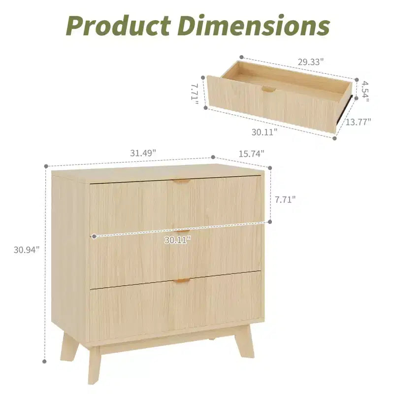 Commode 3 tiroirs cannelée - Rangement moderne en bois pour chambre, salon et dressing