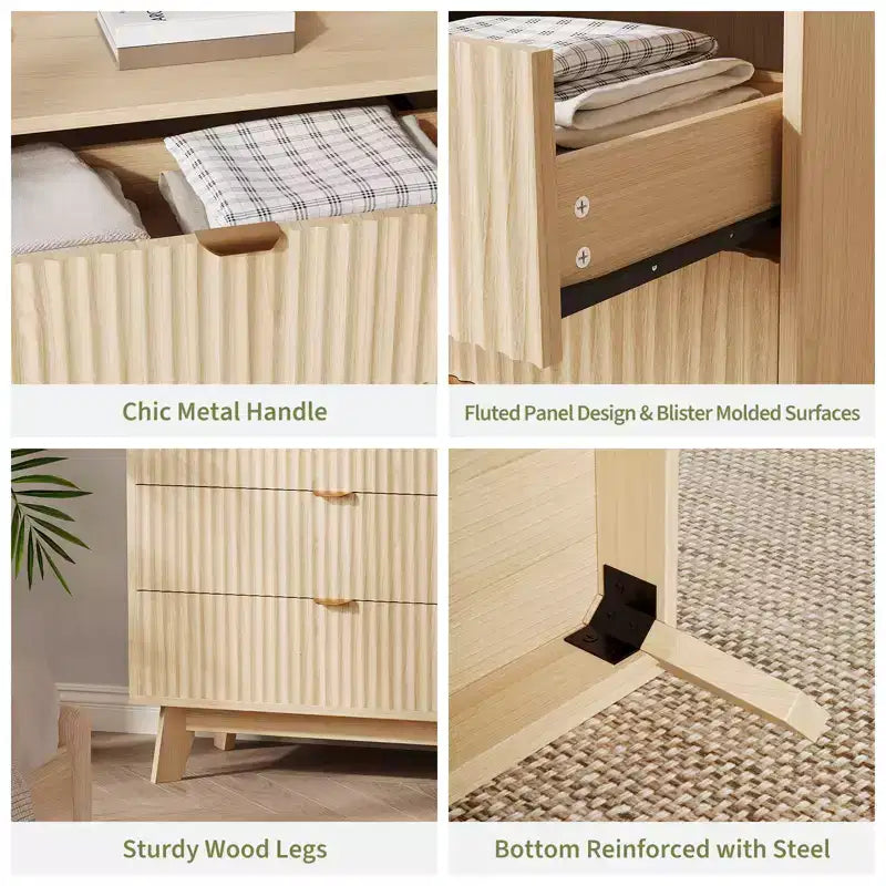 Commode 3 tiroirs cannelée - Rangement moderne en bois pour chambre, salon et dressing