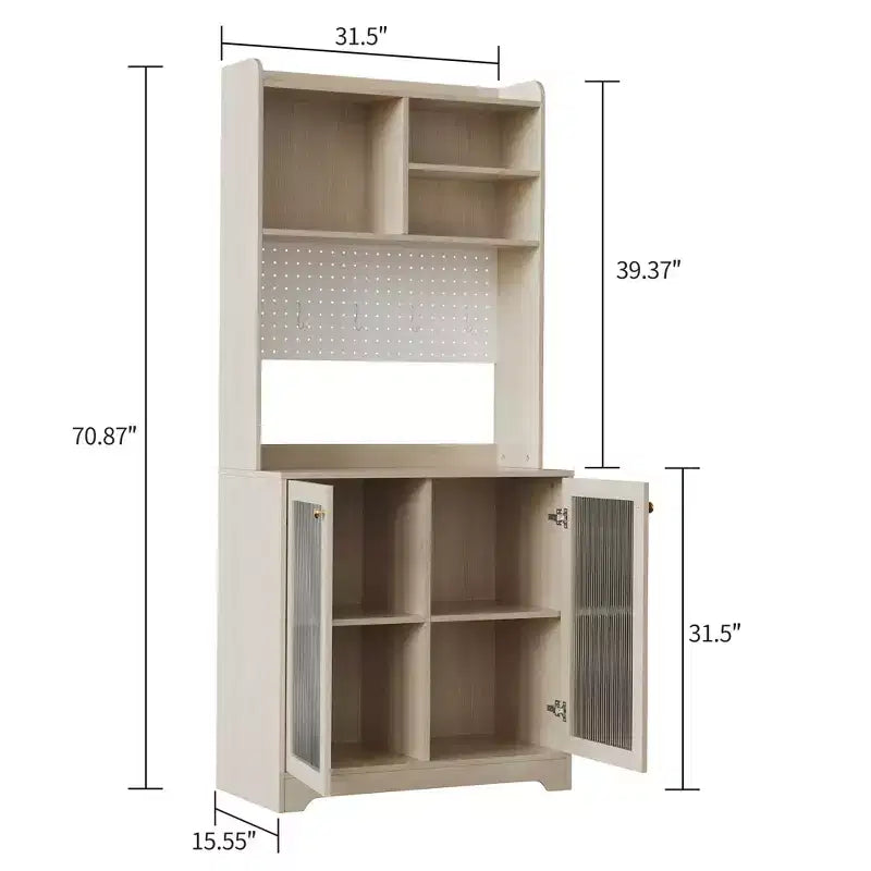 71 Meuble de rangement de cuisine avec portes en verre, panneau perforé et étagères ouvertes, buffet en bois avec huche, pour salle à manger
