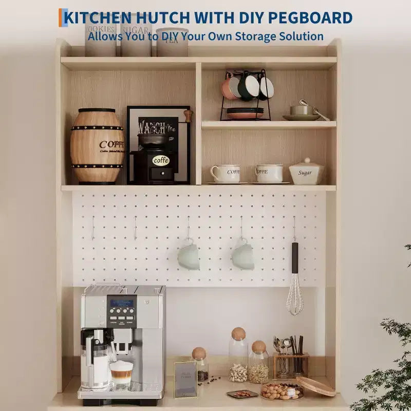 71 Meuble de rangement de cuisine avec portes en verre, panneau perforé et étagères ouvertes, buffet en bois avec huche, pour salle à manger