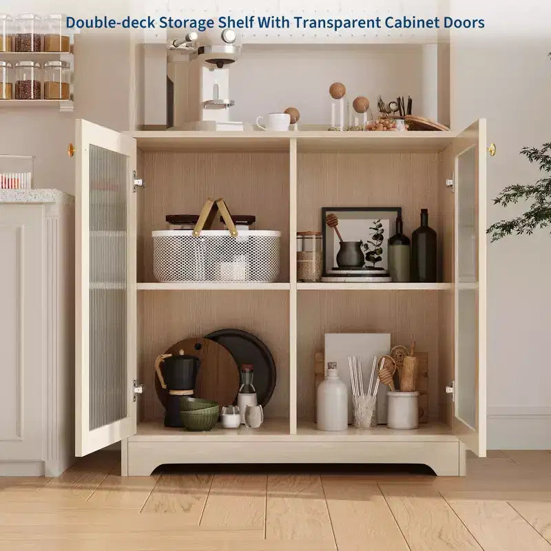 71 Meuble de rangement de cuisine avec portes en verre, panneau perforé et étagères ouvertes, buffet en bois avec huche, pour salle à manger