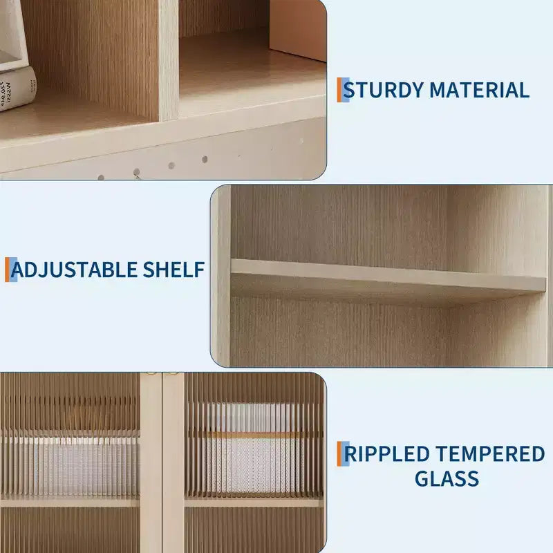 71 Meuble de rangement de cuisine avec portes en verre, panneau perforé et étagères ouvertes, buffet en bois avec huche, pour salle à manger