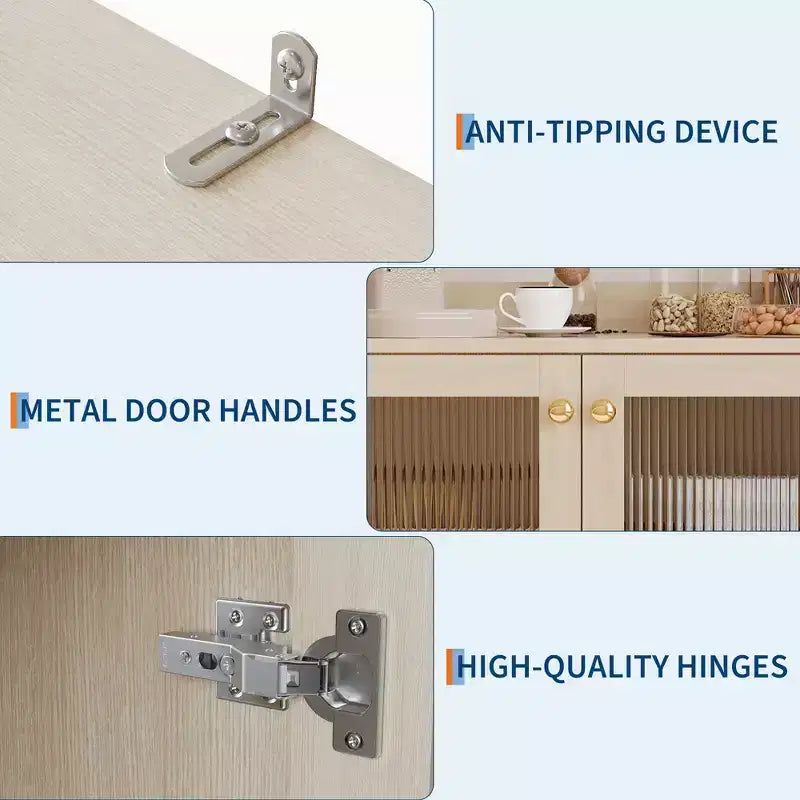 71 Meuble de rangement de cuisine avec portes en verre, panneau perforé et étagères ouvertes, buffet en bois avec huche, pour salle à manger
