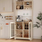 71 Meuble de rangement de cuisine avec portes en verre, panneau perforé et étagères ouvertes, buffet en bois avec huche, pour salle à manger