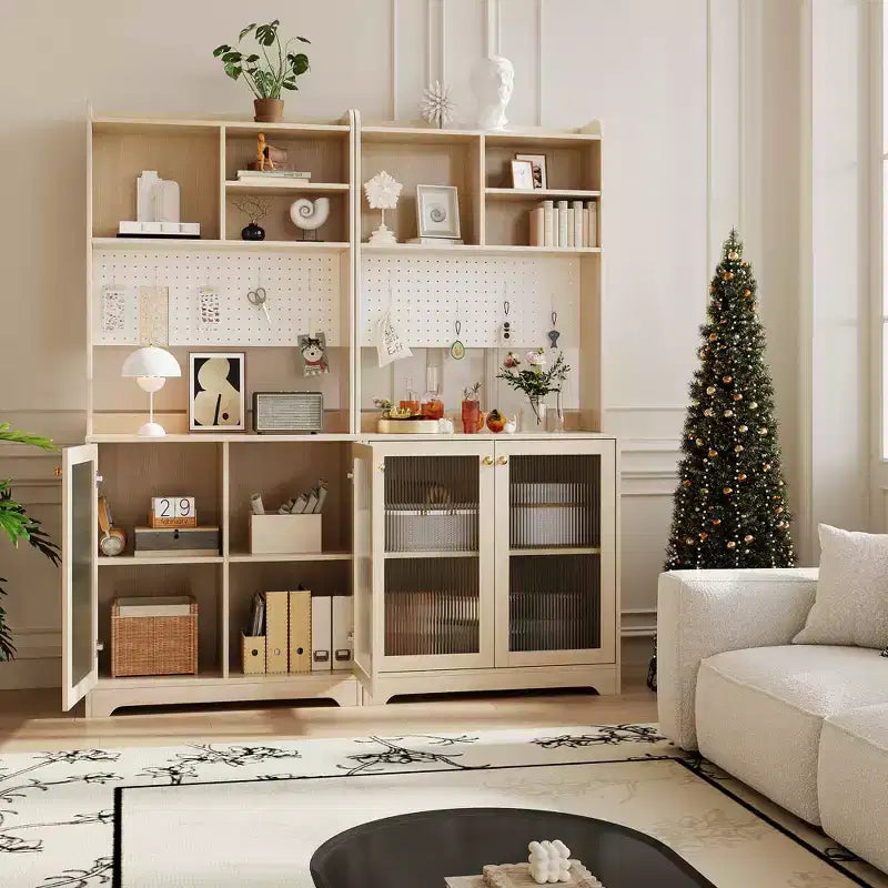 71 Meuble de rangement de cuisine avec portes en verre, panneau perforé et étagères ouvertes, buffet en bois avec huche, pour salle à manger