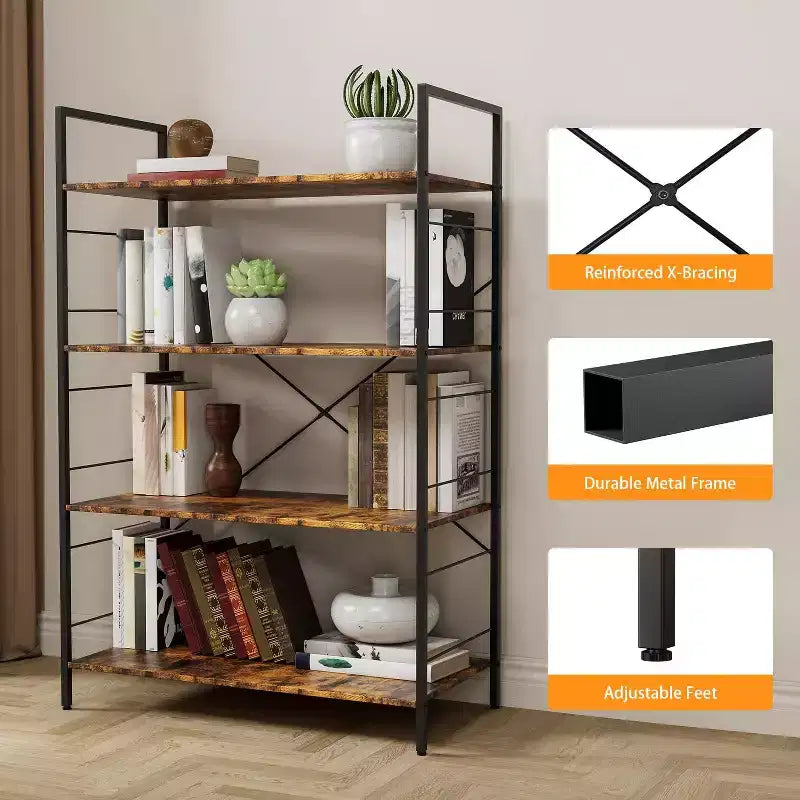 Étagère à 4 niveaux, grande bibliothèque avec cadre en acier, étagères industrielles pour bureau à domicile, étagère rustique pour l'organisation et le rangement de chambre