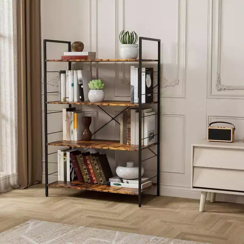 Étagère à 4 niveaux, grande bibliothèque avec cadre en acier, étagères industrielles pour bureau à domicile, étagère rustique pour l'organisation et le rangement de chambre