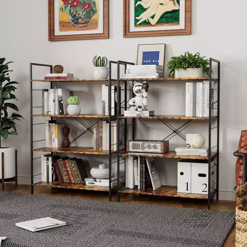 Étagère à 4 niveaux, grande bibliothèque avec cadre en acier, étagères industrielles pour bureau à domicile, étagère rustique pour l'organisation et le rangement de chambre