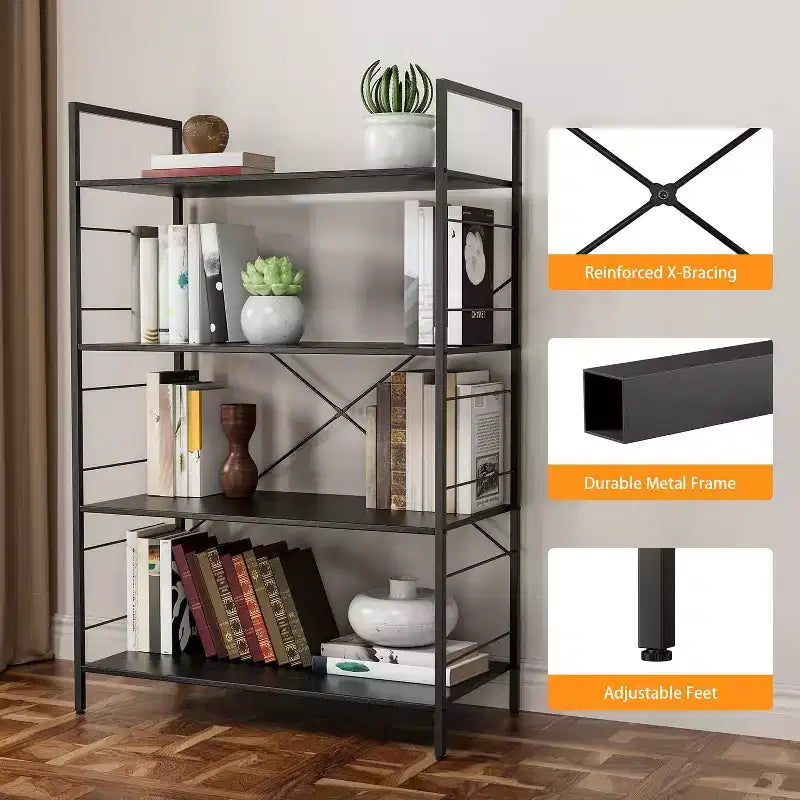 Étagère à 4 niveaux, grande bibliothèque avec cadre en acier, étagères industrielles pour bureau à domicile, étagère rustique pour l'organisation et le rangement de chambre