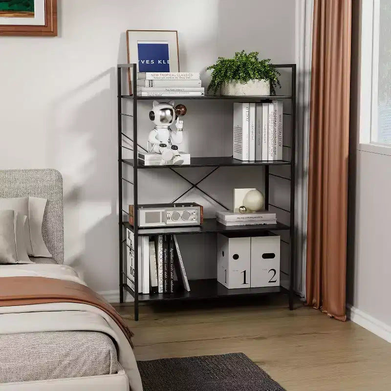 Étagère à 4 niveaux, grande bibliothèque avec cadre en acier, étagères industrielles pour bureau à domicile, étagère rustique pour l'organisation et le rangement de chambre