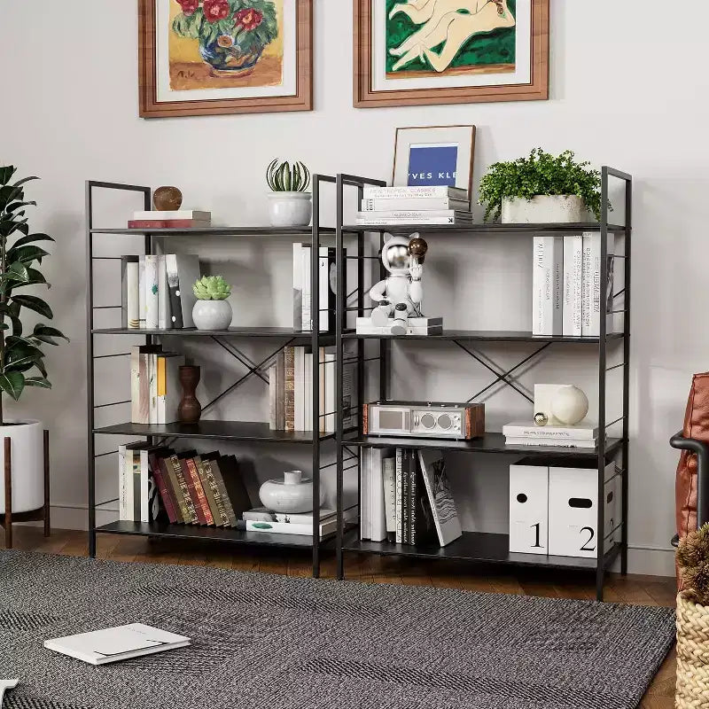 Étagère à 4 niveaux, grande bibliothèque avec cadre en acier, étagères industrielles pour bureau à domicile, étagère rustique pour l'organisation et le rangement de chambre