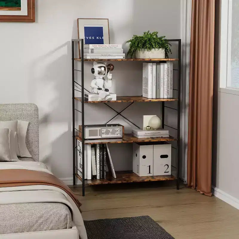 Étagère à 4 niveaux, grande bibliothèque avec cadre en acier, étagères industrielles pour bureau à domicile, étagère rustique pour l'organisation et le rangement de chambre