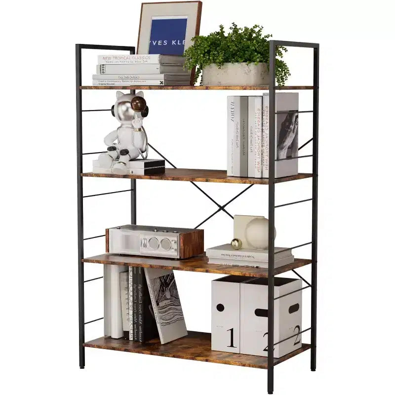 Étagère à 4 niveaux, grande bibliothèque avec cadre en acier, étagères industrielles pour bureau à domicile, étagère rustique pour l'organisation et le rangement de chambre