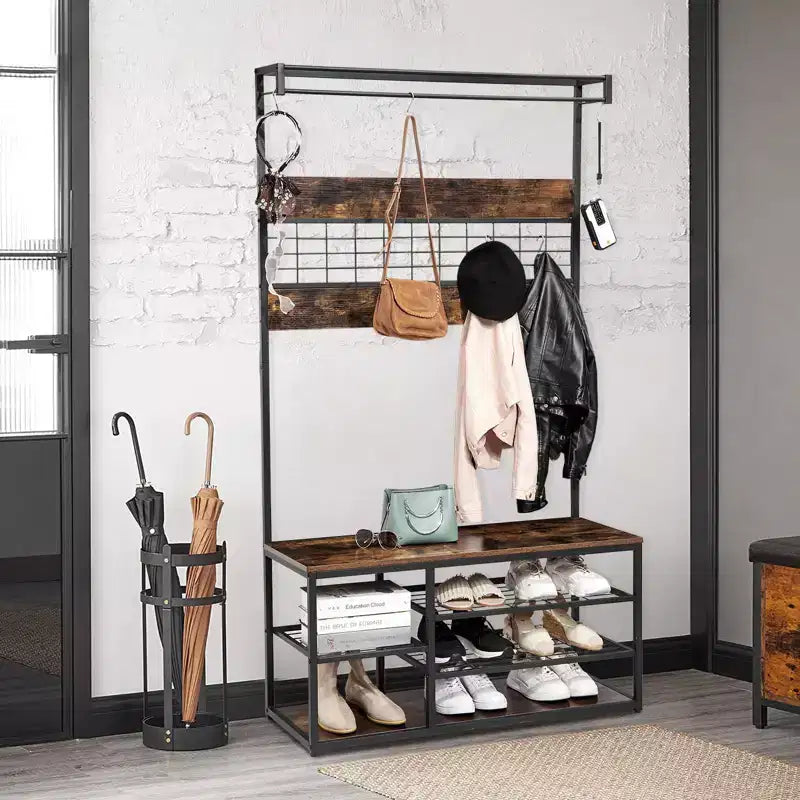 Porte-Manteau avec Banc à Chaussures 3 Niveaux et 5 Crochets – Banc Aspect Bois pour Entrée, Design Industriel Rustique Marron et Noir