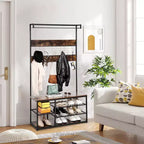 Porte-Manteau avec Banc à Chaussures 3 Niveaux et 5 Crochets – Banc Aspect Bois pour Entrée, Design Industriel Rustique Marron et Noir