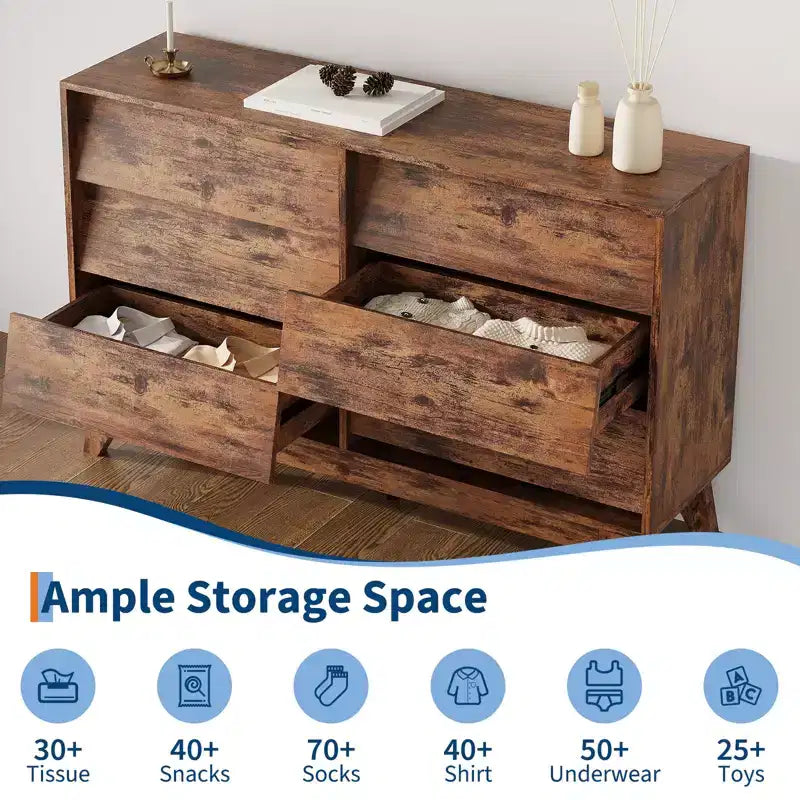Commode à 6 tiroirs pour chambre à coucher, commode de 120 cm de large de style Mid-Century, commode en bois pour TV, commodes vintage avec design biseauté pour salon