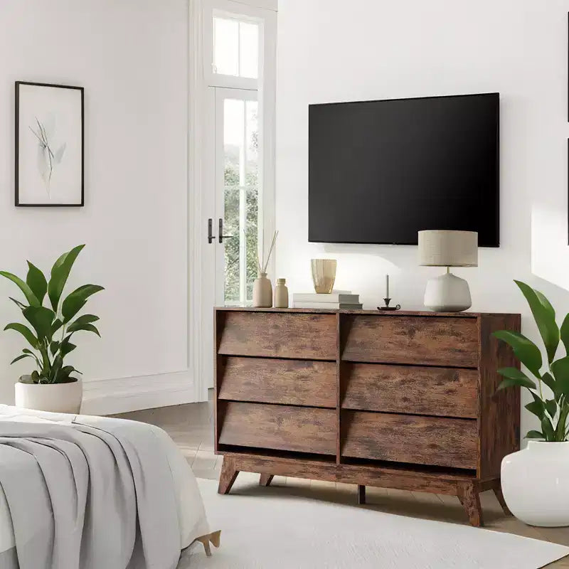 Commode à 6 tiroirs pour chambre à coucher, commode de 120 cm de large de style Mid-Century, commode en bois pour TV, commodes vintage avec design biseauté pour salon