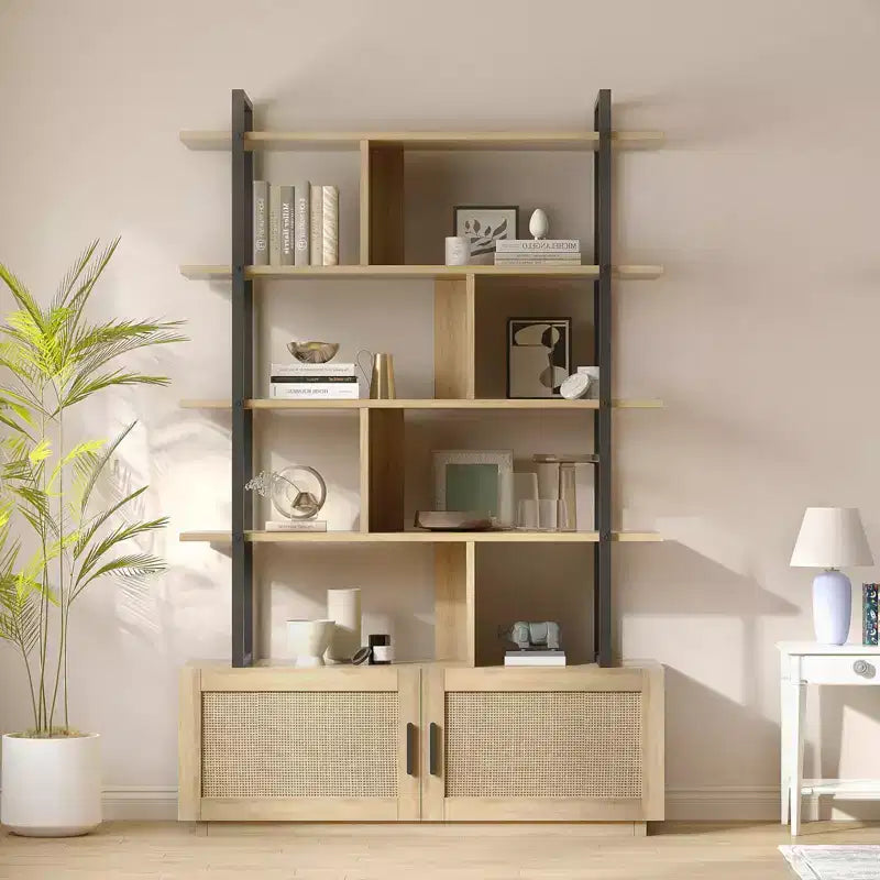 Étagère à 5 niveaux avec armoire de rangement et porte, bibliothèque industrielle de 180,6 cm de haut avec étagères ouvertes pour salon et chambre