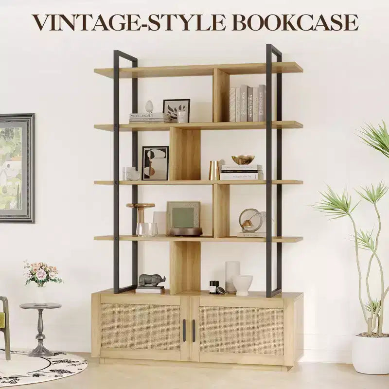 Étagère à 5 niveaux avec armoire de rangement et porte, bibliothèque industrielle de 180,6 cm de haut avec étagères ouvertes pour salon et chambre