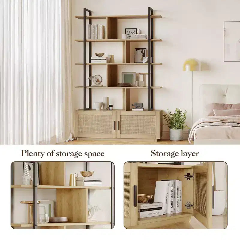 Étagère à 5 niveaux avec armoire de rangement et porte, bibliothèque industrielle de 180,6 cm de haut avec étagères ouvertes pour salon et chambre