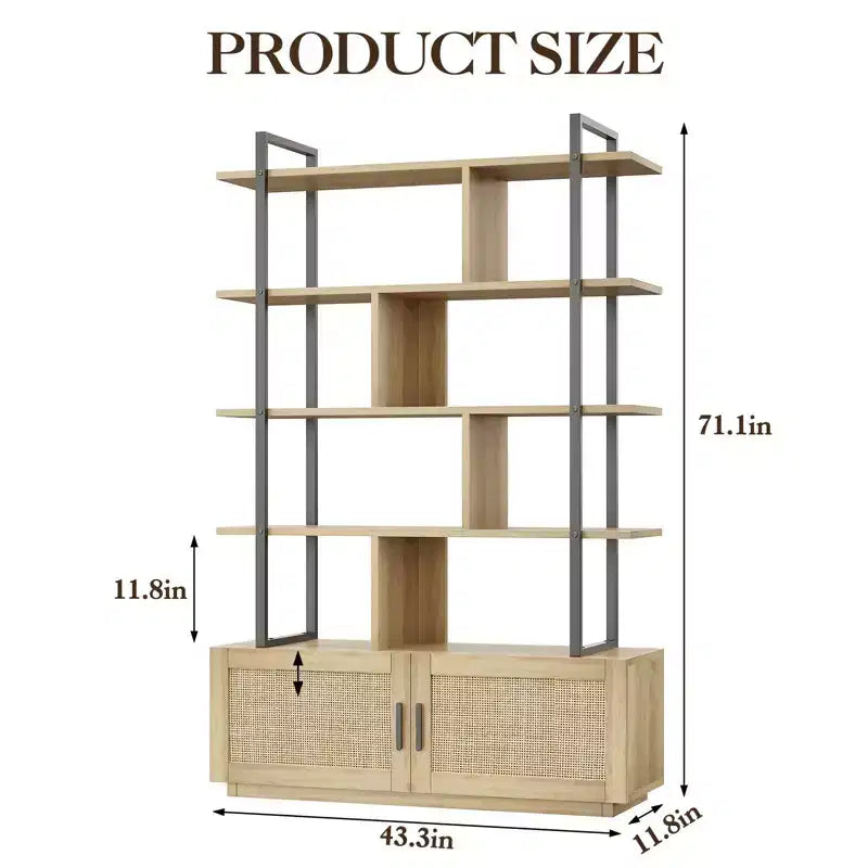 Étagère à 5 niveaux avec armoire de rangement et porte, bibliothèque industrielle de 180,6 cm de haut avec étagères ouvertes pour salon et chambre