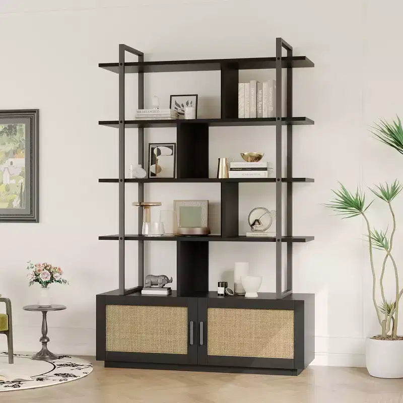 Étagère à 5 niveaux avec armoire de rangement et porte, bibliothèque industrielle de 180,6 cm de haut avec étagères ouvertes pour salon et chambre