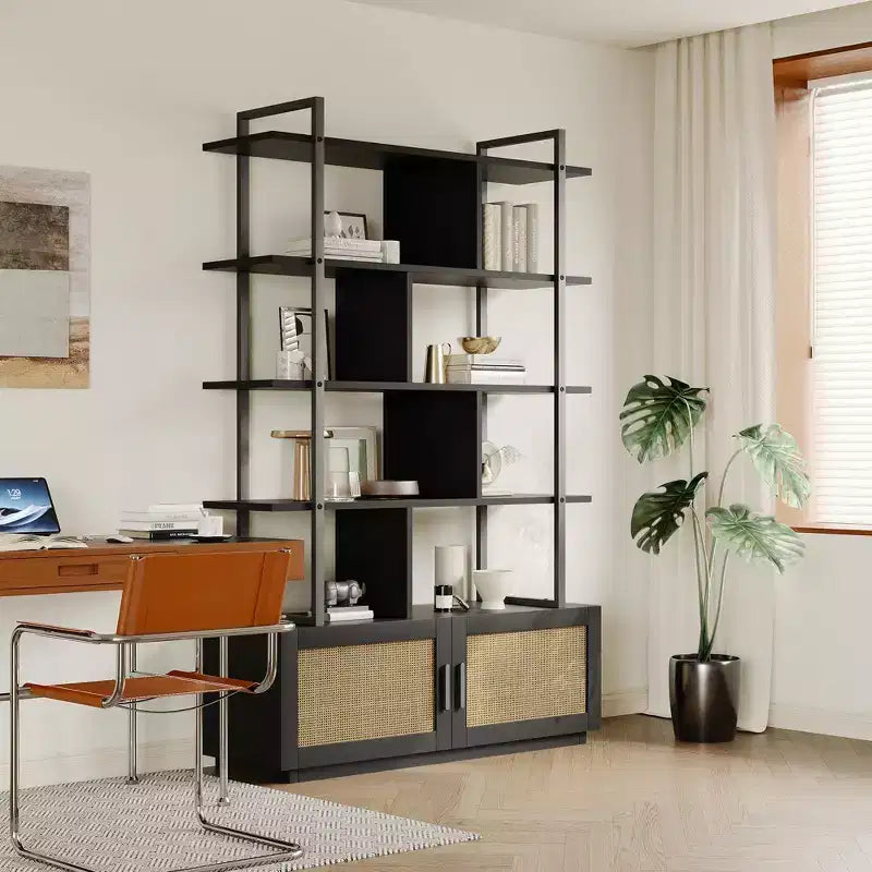 Étagère à 5 niveaux avec armoire de rangement et porte, bibliothèque industrielle de 180,6 cm de haut avec étagères ouvertes pour salon et chambre