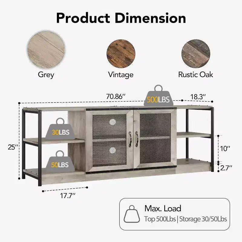 Meuble TV de ferme pour téléviseurs de 75/80 pouces, centre de divertissement avec armoire de rangement et portes en maille, table de console multimédia industrielle