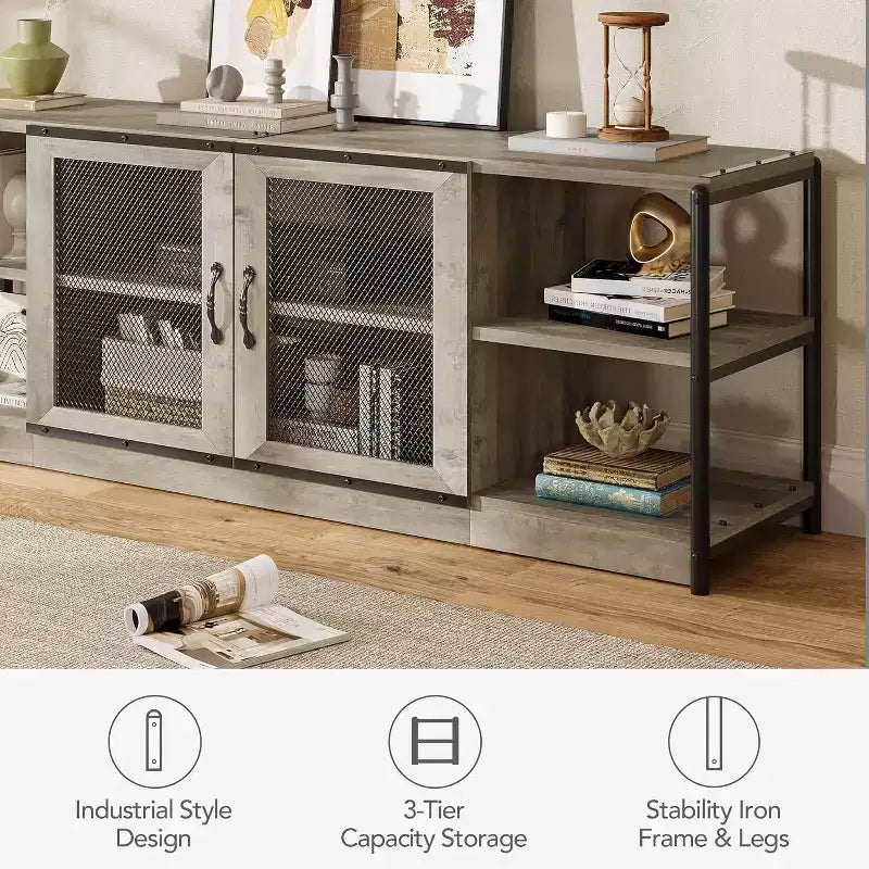 Meuble TV de ferme pour téléviseurs de 75/80 pouces, centre de divertissement avec armoire de rangement et portes en maille, table de console multimédia industrielle