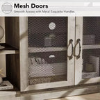 Meuble TV de ferme pour téléviseurs de 75/80 pouces, centre de divertissement avec armoire de rangement et portes en maille, table de console multimédia industrielle