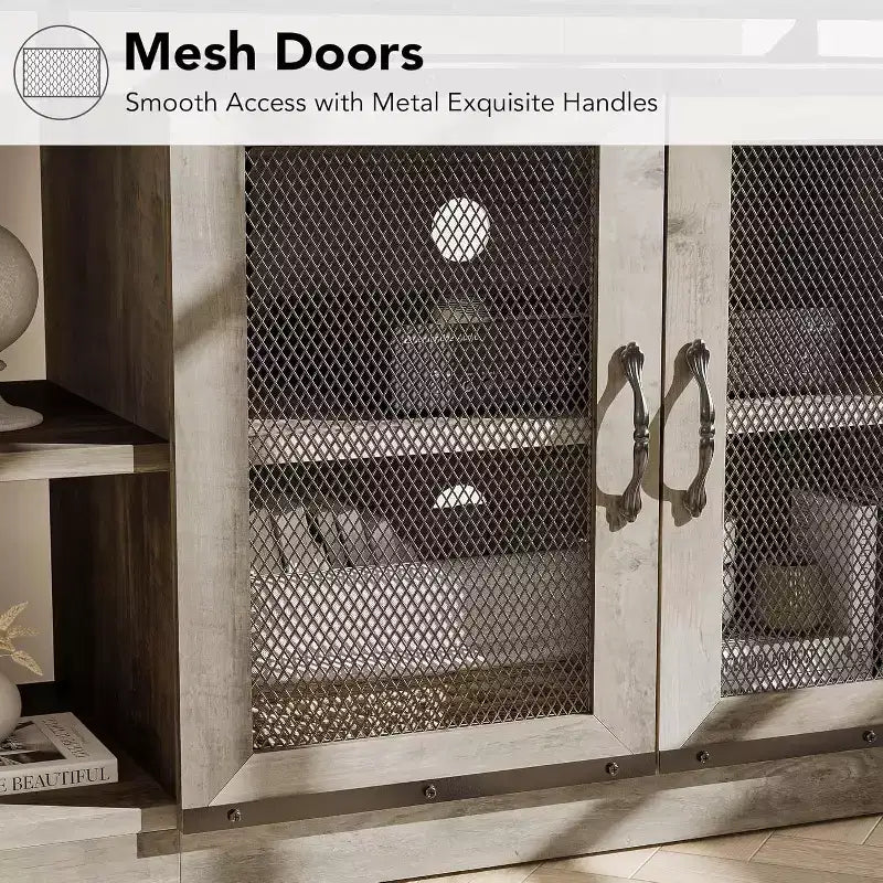 Meuble TV de ferme pour téléviseurs de 75/80 pouces, centre de divertissement avec armoire de rangement et portes en maille, table de console multimédia industrielle