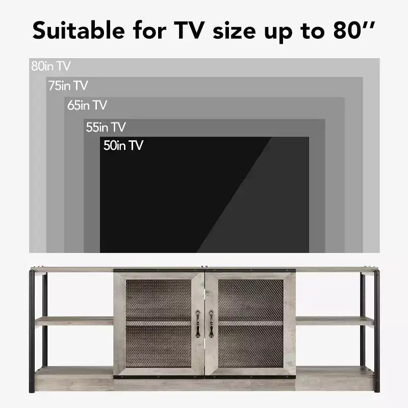 Meuble TV de ferme pour téléviseurs de 75/80 pouces, centre de divertissement avec armoire de rangement et portes en maille, table de console multimédia industrielle