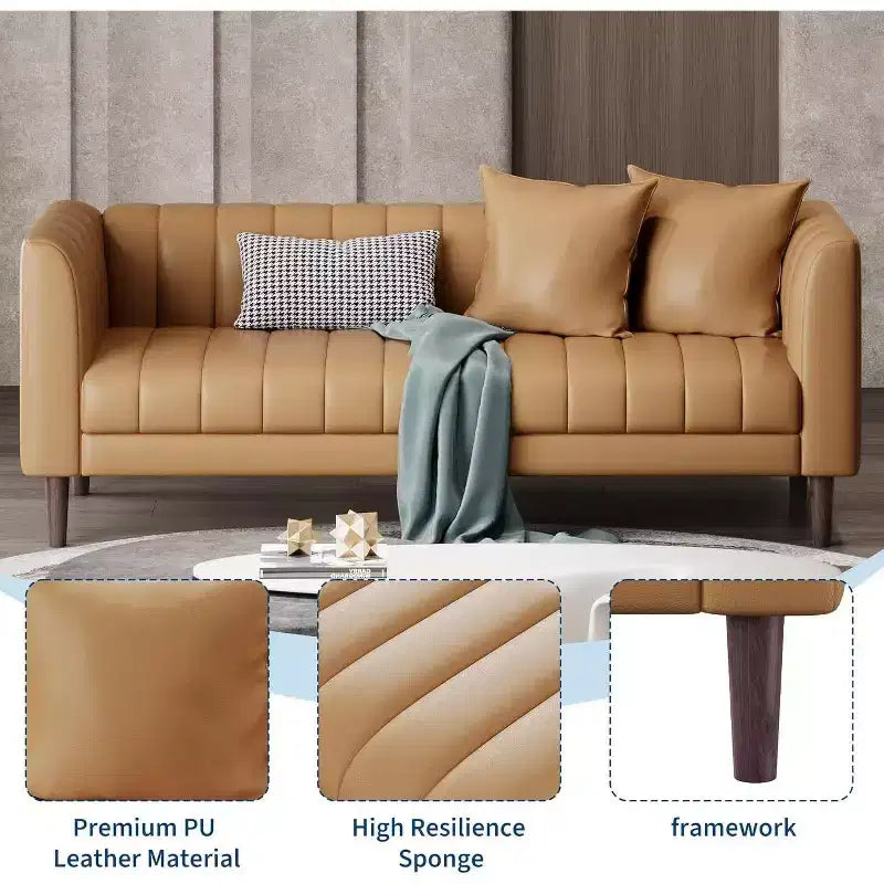 Canapé moderne en similicuir 78 po, 3 places avec assise profonde, 2 coussins décoratifs, pieds en bois, montage facile, marron