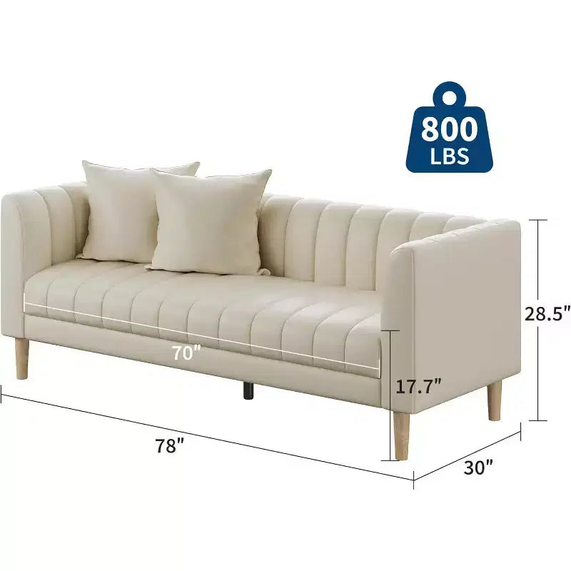 Canapé moderne en similicuir 78 po, 3 places avec assise profonde, 2 coussins décoratifs, pieds en bois, montage facile, marron