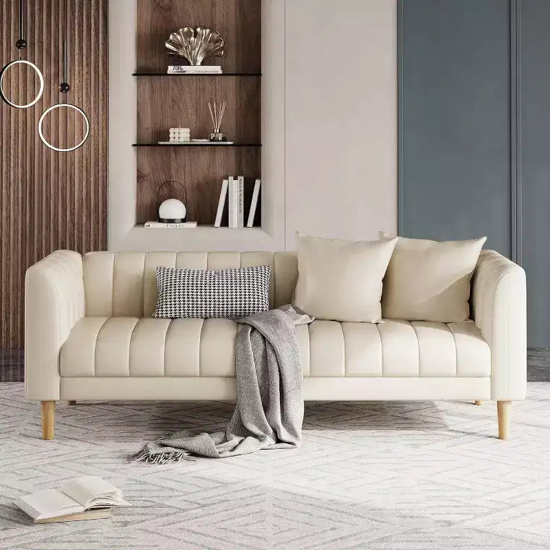 Canapé moderne en similicuir 78 po, 3 places avec assise profonde, 2 coussins décoratifs, pieds en bois, montage facile, marron