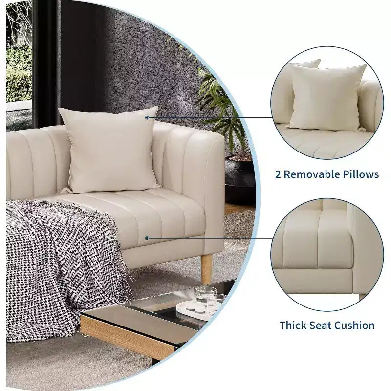 Canapé moderne en similicuir 78 po, 3 places avec assise profonde, 2 coussins décoratifs, pieds en bois, montage facile, marron