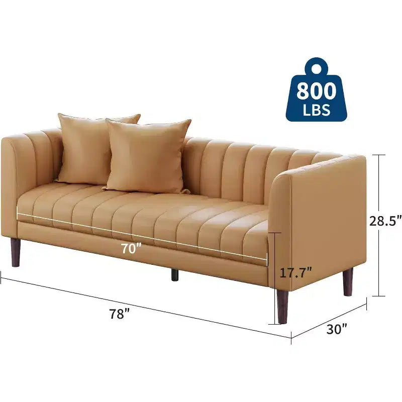 Canapé moderne en similicuir 78 po, 3 places avec assise profonde, 2 coussins décoratifs, pieds en bois, montage facile, marron