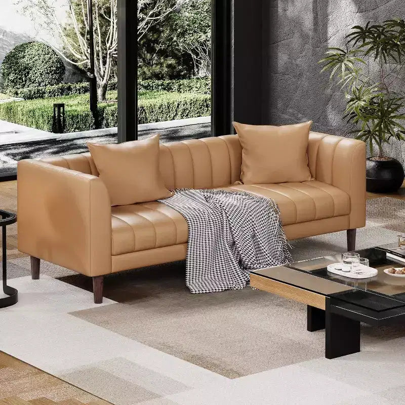 Canapé moderne en similicuir 78 po, 3 places avec assise profonde, 2 coussins décoratifs, pieds en bois, montage facile, marron