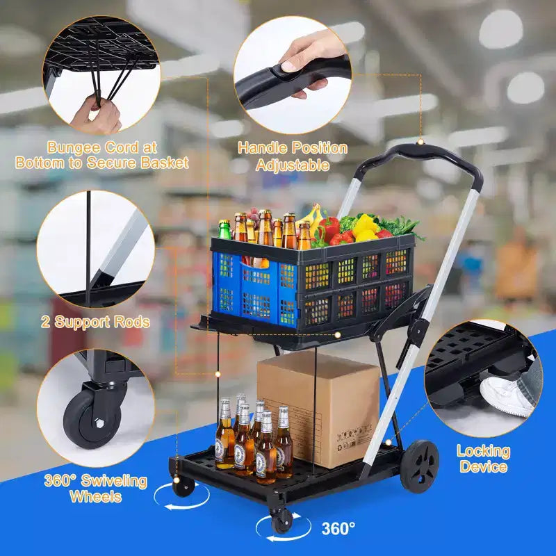 Chariots de courses pliables pour l'épicerie, chariots de courses pliants à 2 niveaux avec roues et caisse de rangement amovible, chariot pliant à cadre en aluminium