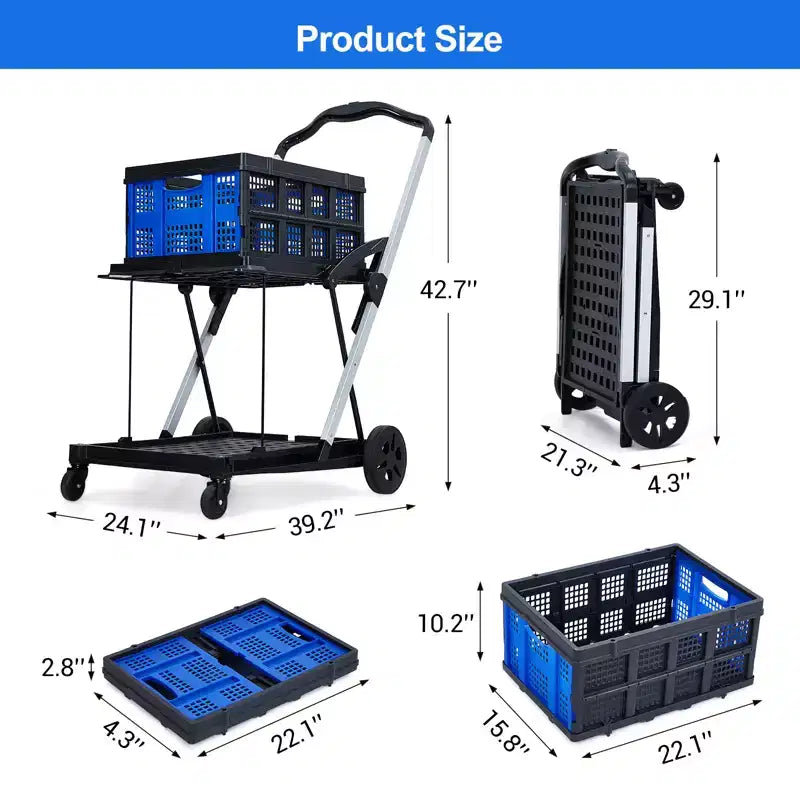 Chariots de courses pliables pour l'épicerie, chariots de courses pliants à 2 niveaux avec roues et caisse de rangement amovible, chariot pliant à cadre en aluminium