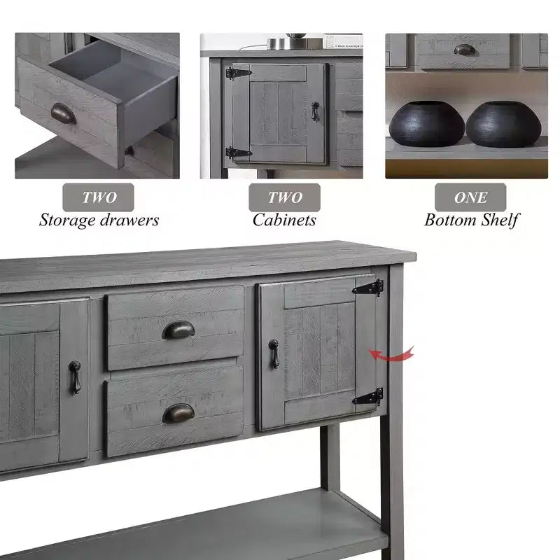 Table console de ferme de 48 pouces, table d'entrée de ferme avec 2 tiroirs et des armoires, table de canapé en bois massif avec étagères pour chambre à coucher, gris
