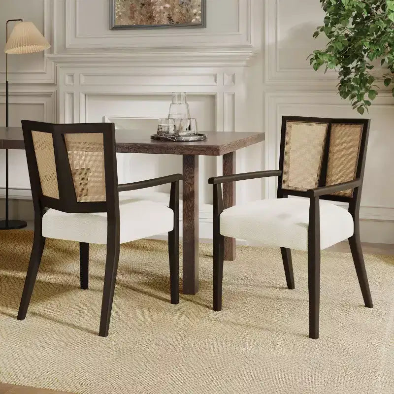 PexFix 2Pcs Modern Upholstered Fabric Armchairs Dining Chairs Rattan Back Dining Room Chairs Accent Kitchen Chairs with Solid Wood Legs Dark Brown