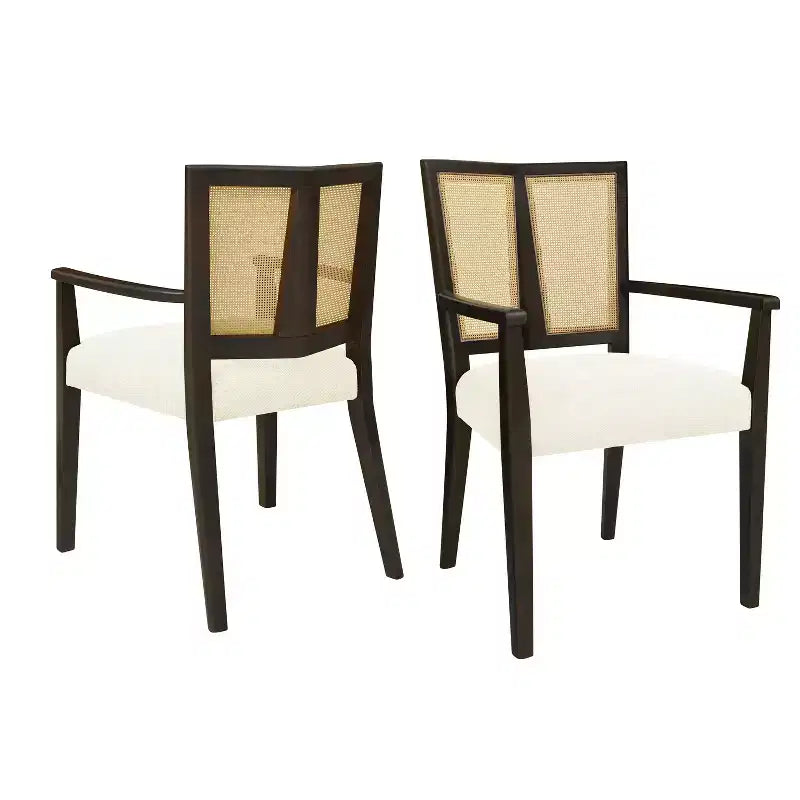2 Chaises de salle à manger modernes rembourrées en tissu, chaises de salle à manger à dossier en rotin, chaises d'appoint de cuisine avec pieds en bois massif, marron foncé