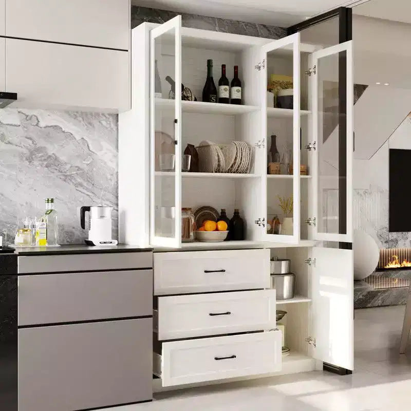Buffet de cuisine moderne avec portes vitrées, organisateur de cuisine multi-tiroirs, garde-manger avec rangement, assemblage facile, parfait pour tout aménagement de cuisine