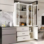 Buffet de cuisine moderne avec portes vitrées, organisateur de cuisine multi-tiroirs, garde-manger avec rangement, assemblage facile, parfait pour tout aménagement de cuisine