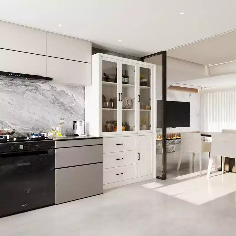 Buffet de cuisine moderne avec portes vitrées, organisateur de cuisine multi-tiroirs, garde-manger avec rangement, assemblage facile, parfait pour tout aménagement de cuisine