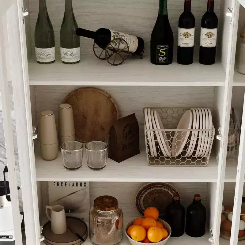 Buffet de cuisine moderne avec portes vitrées, organisateur de cuisine multi-tiroirs, garde-manger avec rangement, assemblage facile, parfait pour tout aménagement de cuisine